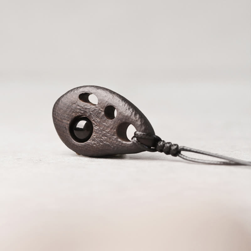 Handcrafted Hollow Ebony Wood and Inlaid Black Obsidian Pendant Necklace