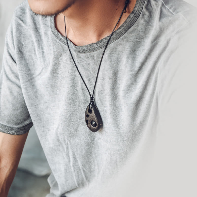 Handcrafted Hollow Ebony Wood and Inlaid Black Obsidian Pendant Necklace