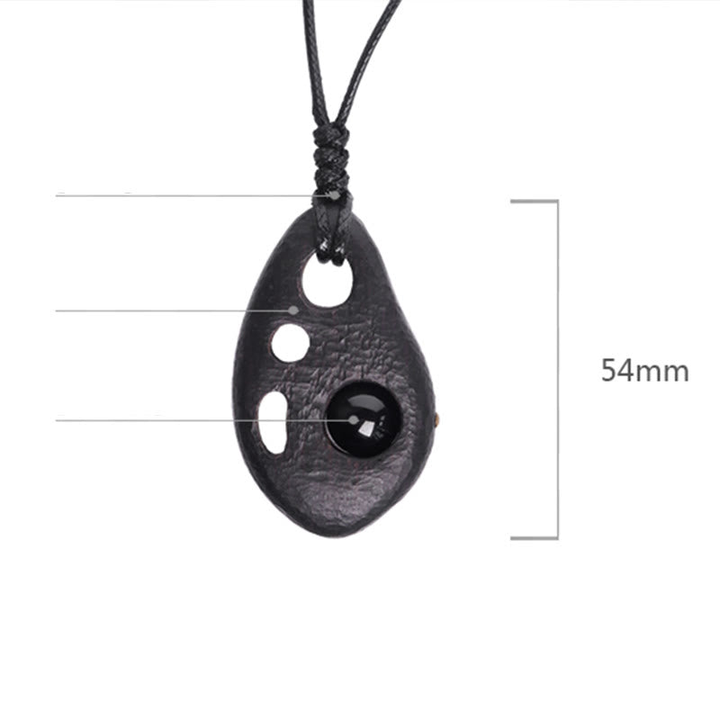 Handcrafted Hollow Ebony Wood and Inlaid Black Obsidian Pendant Necklace