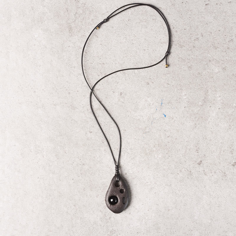 Handcrafted Hollow Ebony Wood and Inlaid Black Obsidian Pendant Necklace