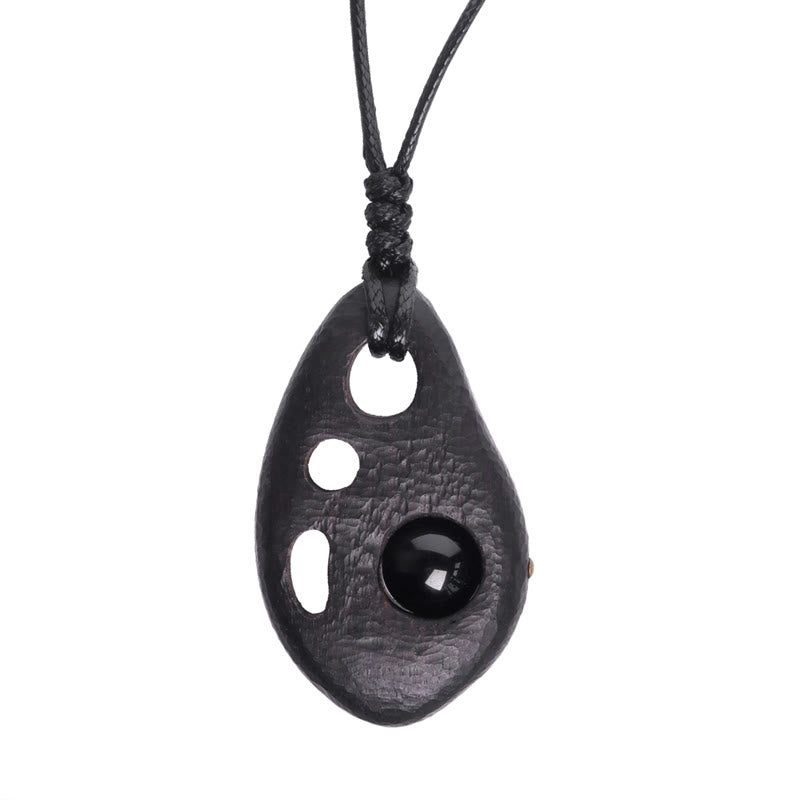 Handcrafted Hollow Ebony Wood and Inlaid Black Obsidian Pendant Necklace
