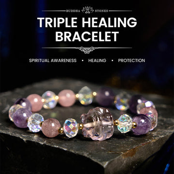 Amethyst Strawberry Quartz & Clear Quartz Nine-Tailed Fox Beaded Meditation Bracelet