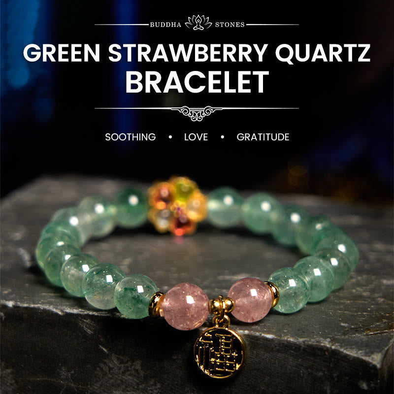 Natural Green Strawberry Quartz Fu Character Prosperity Bracelet (14-18cm)