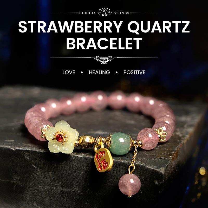 Natural Strawberry Quartz Blossom & Fu Character Beaded Bracelet