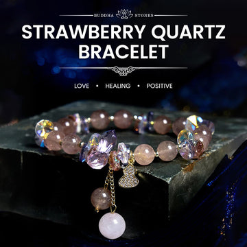 Strawberry Quartz and Clear Quartz Beaded Bracelet with Copper Wu Lou Charm