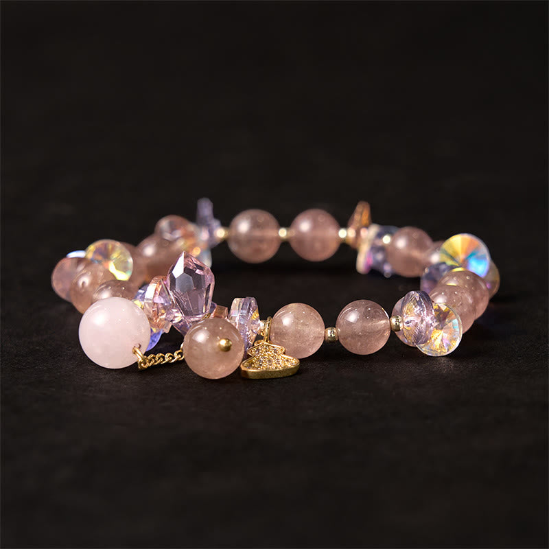 Strawberry Quartz and Clear Quartz Beaded Bracelet with Copper Wu Lou Gourd Charm