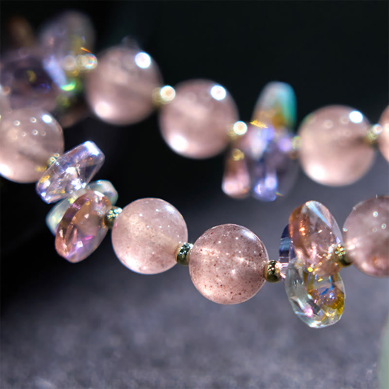 Strawberry Quartz and Clear Quartz Beaded Bracelet with Copper Wu Lou Charm