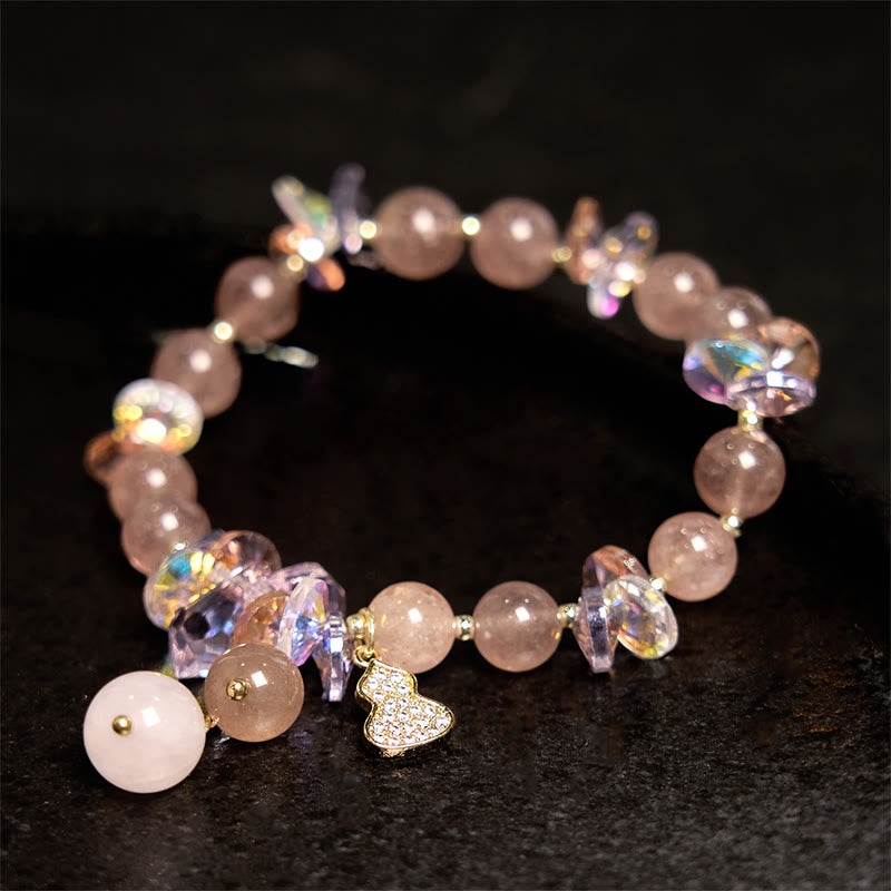 Strawberry Quartz and Clear Quartz Beaded Bracelet with Copper Wu Lou Charm