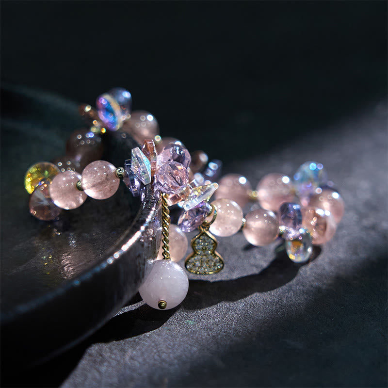 Strawberry Quartz and Clear Quartz Beaded Bracelet with Copper Wu Lou Gourd Charm