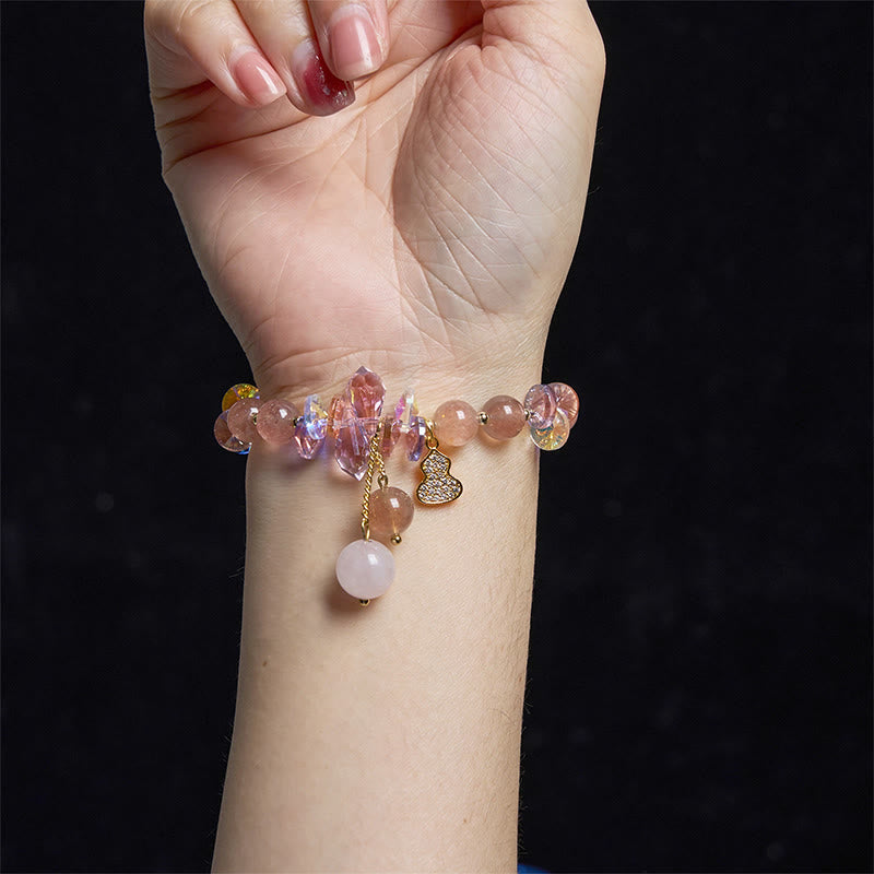 Strawberry Quartz and Clear Quartz Beaded Bracelet with Copper Wu Lou Gourd Charm
