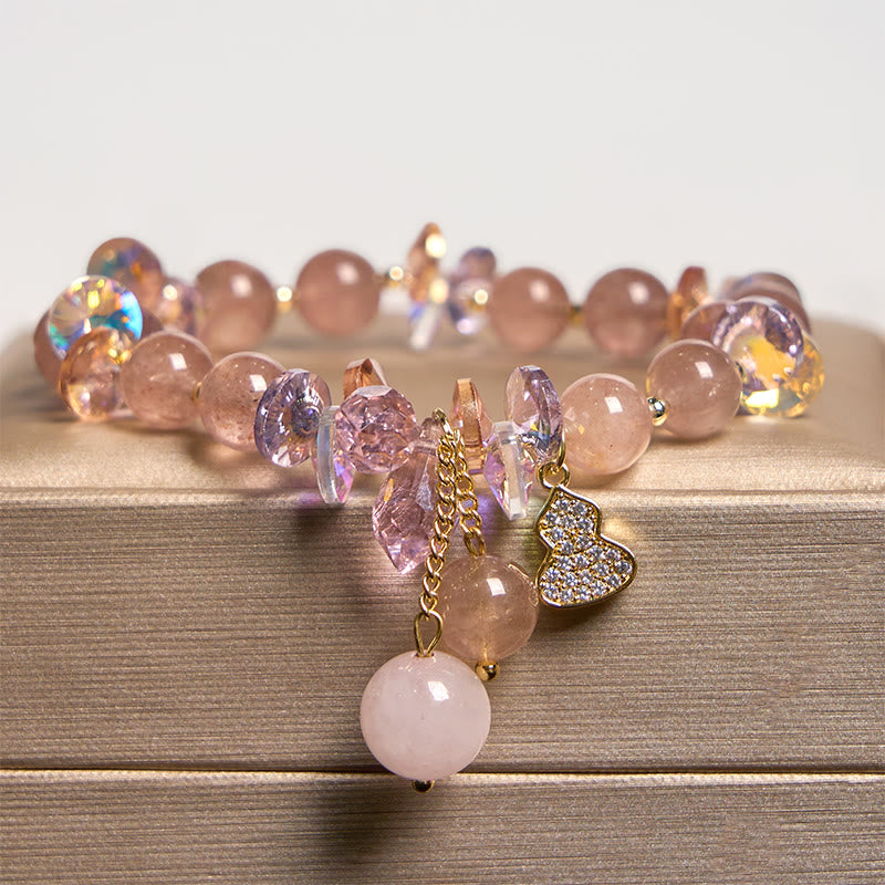 Strawberry Quartz and Clear Quartz Beaded Bracelet with Copper Wu Lou Charm
