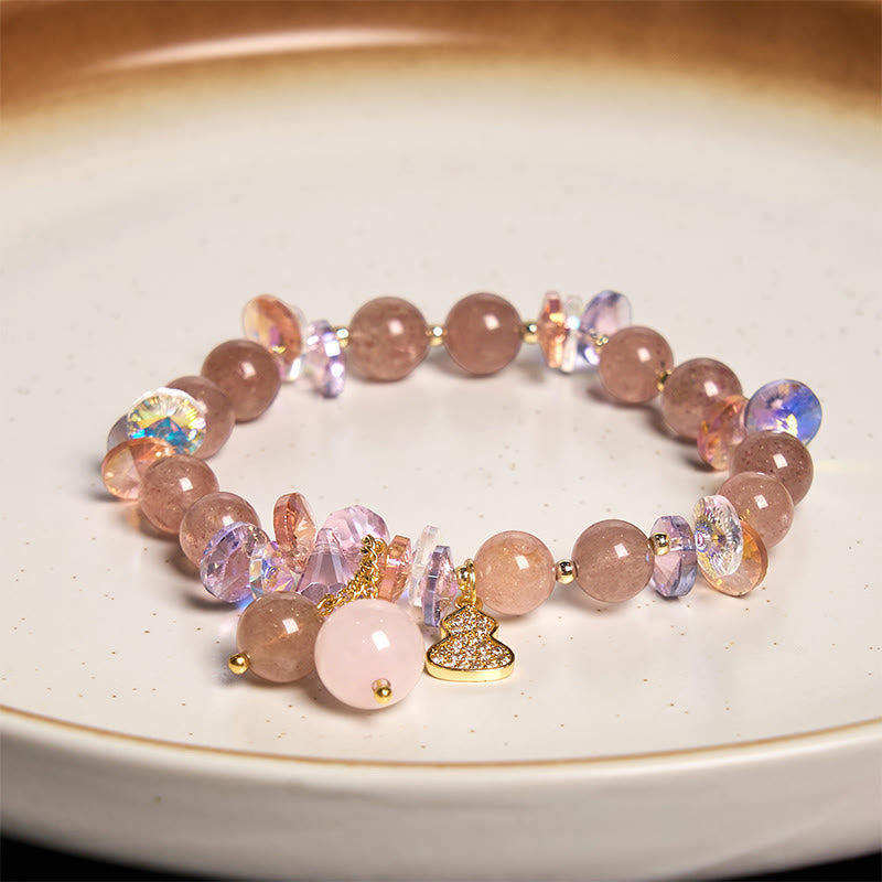 Strawberry Quartz and Clear Quartz Beaded Bracelet with Copper Wu Lou Charm
