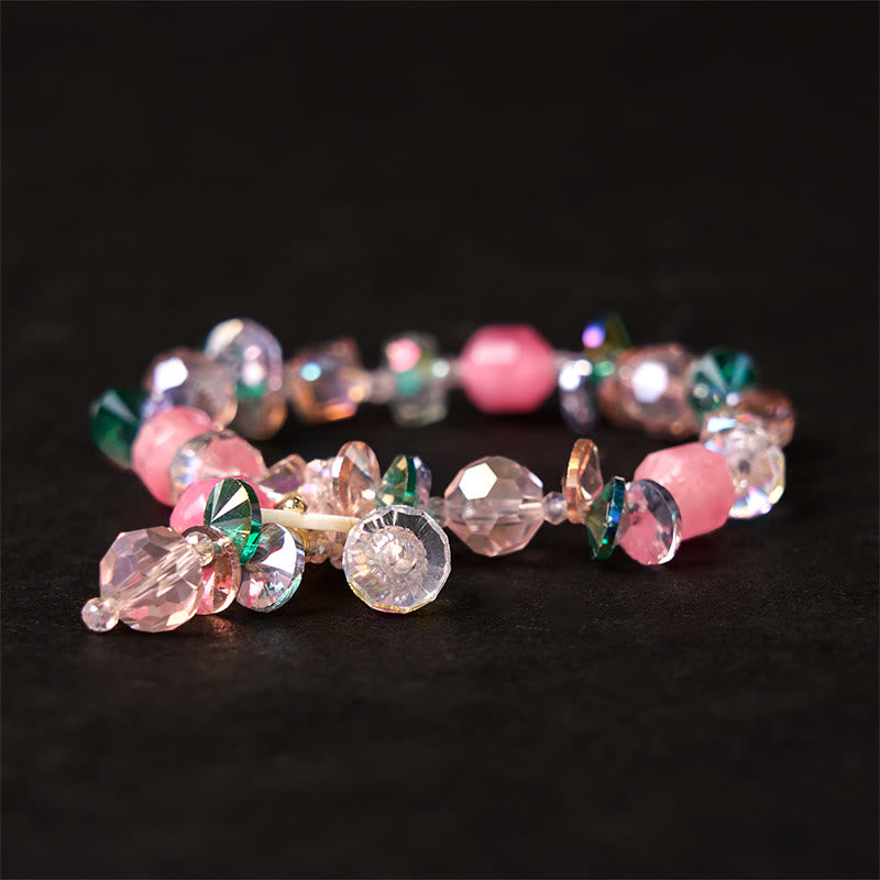 Rose Quartz, Green & Clear Quartz Beaded Flower Bracelet