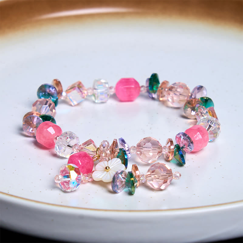 Floral Rose Green & Clear Quartz Beaded Energy Bracelet