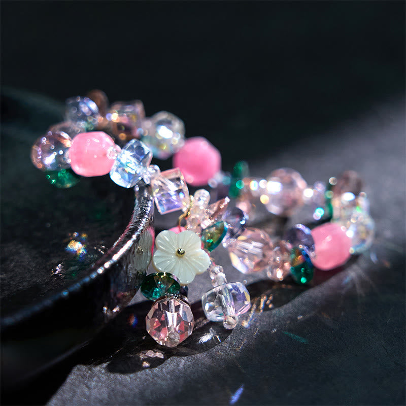 Rose Quartz, Green & Clear Quartz Beaded Flower Bracelet