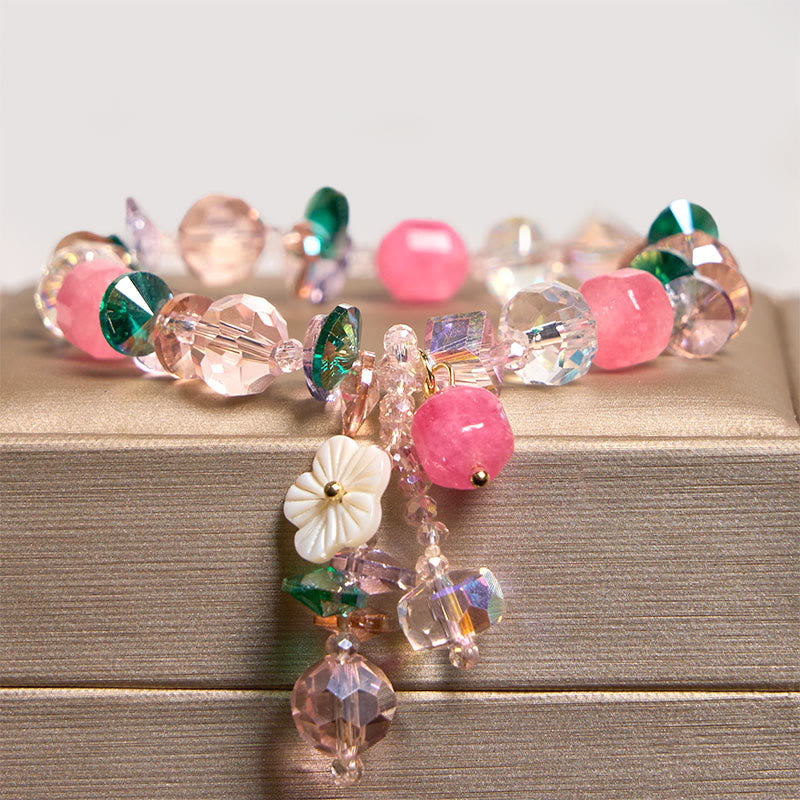 Floral Rose Green & Clear Quartz Beaded Energy Bracelet