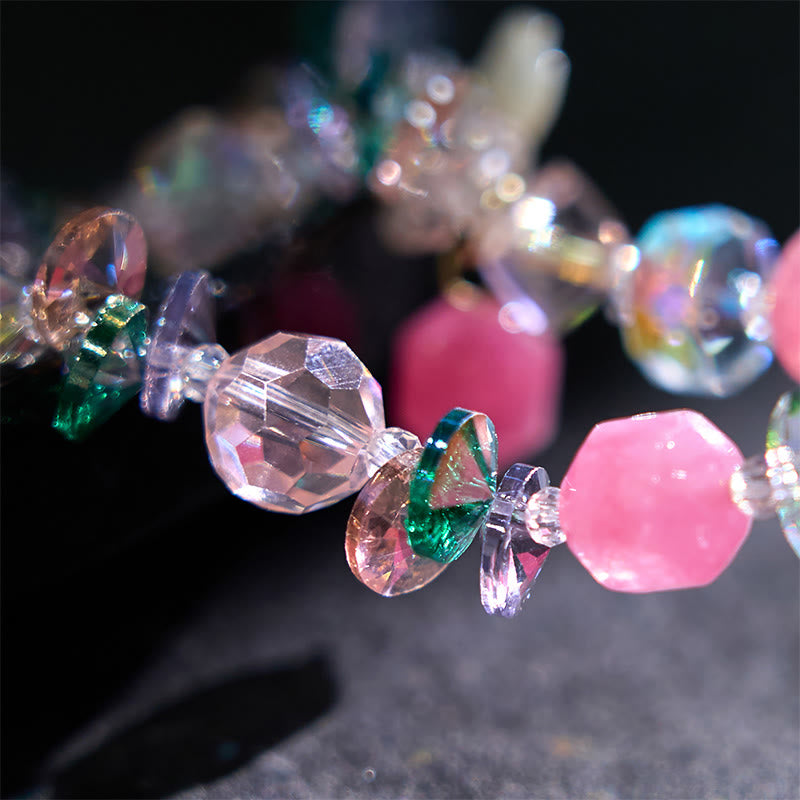 Rose Quartz, Green & Clear Quartz Beaded Flower Bracelet