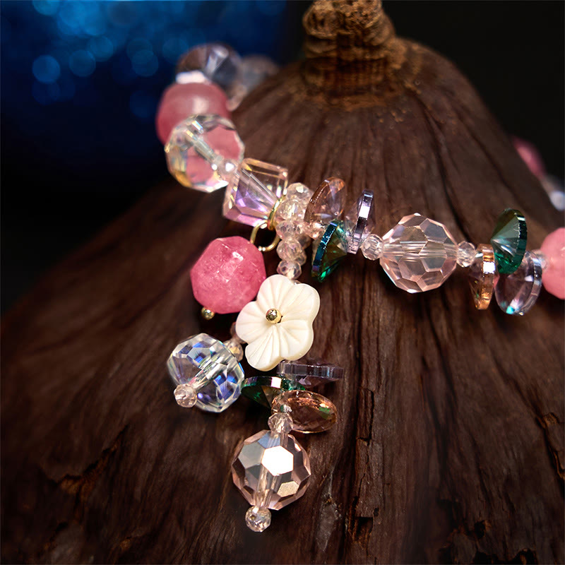 Floral Rose Green & Clear Quartz Beaded Energy Bracelet