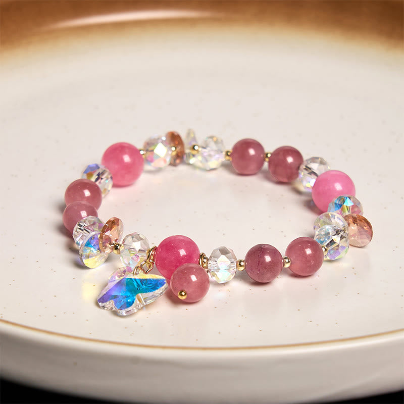 Pink Strawberry Quartz & Clear Quartz Butterfly Love Bracelet