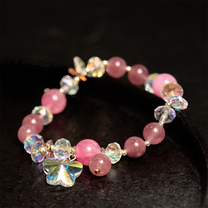 Pink Strawberry Quartz & Clear Quartz Butterfly Love Bracelet