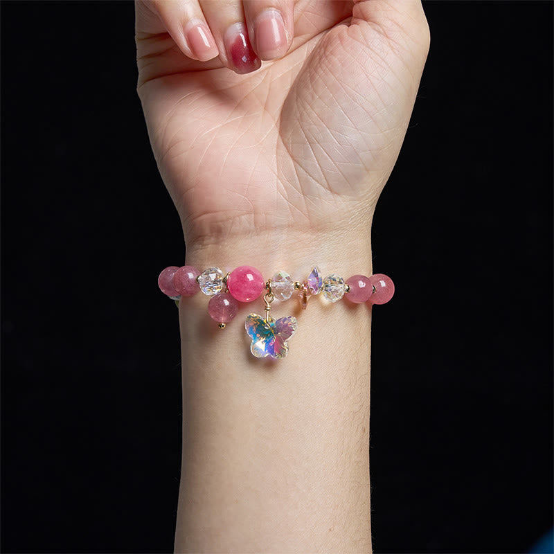 Pink Strawberry Rose & Clear Quartz Beaded Butterfly Charm Bracelet