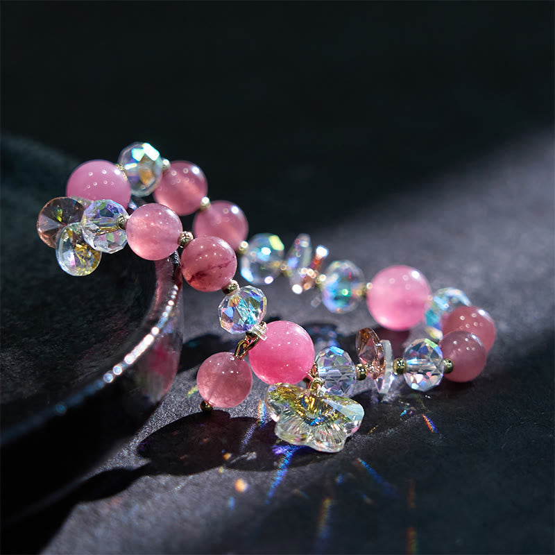 Pink Strawberry Rose & Clear Quartz Beaded Butterfly Charm Bracelet