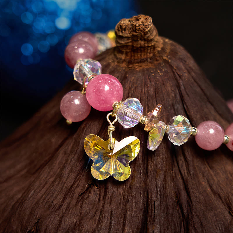 Pink Strawberry Quartz & Clear Quartz Butterfly Love Bracelet