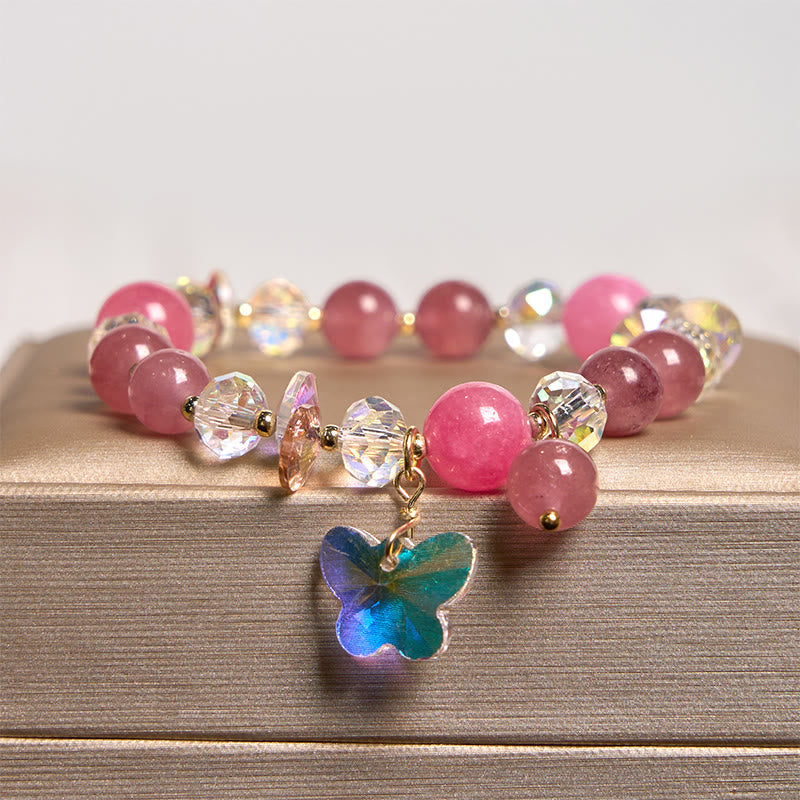 Pink Strawberry Quartz & Clear Quartz Butterfly Love Bracelet