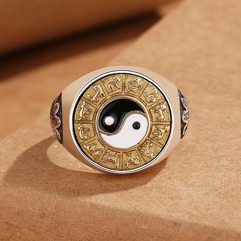 Yin Yang Chinese Zodiac Copper Wealth Adjustable Ring