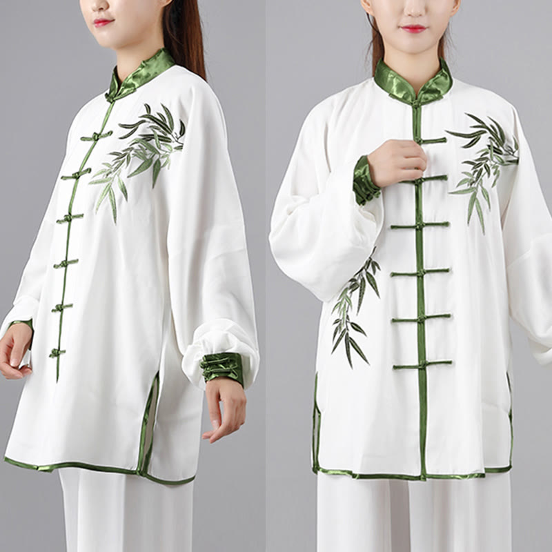 2Pcs Fall Green Bamboo Leaves Embroidery Frog-Button Tai Chi Meditation Qigong Zen Practice Unisex Cotton Clothing Set