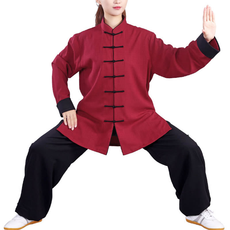 2Pcs Fall Winter Frog-Button Tai Chi Meditation Qigong Zen Practice Unisex Cotton Linen Clothing Set