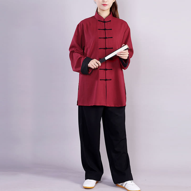 2Pcs Fall Winter Frog-Button Tai Chi Meditation Qigong Zen Practice Unisex Cotton Linen Clothing Set