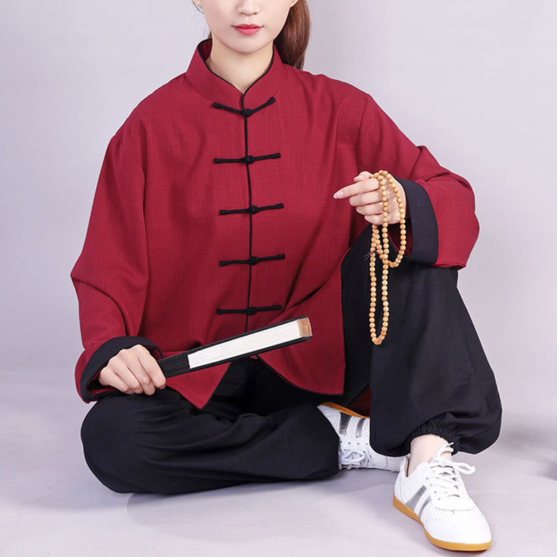 2Pcs Fall Winter Frog-Button Tai Chi Meditation Qigong Zen Practice Unisex Cotton Linen Clothing Set