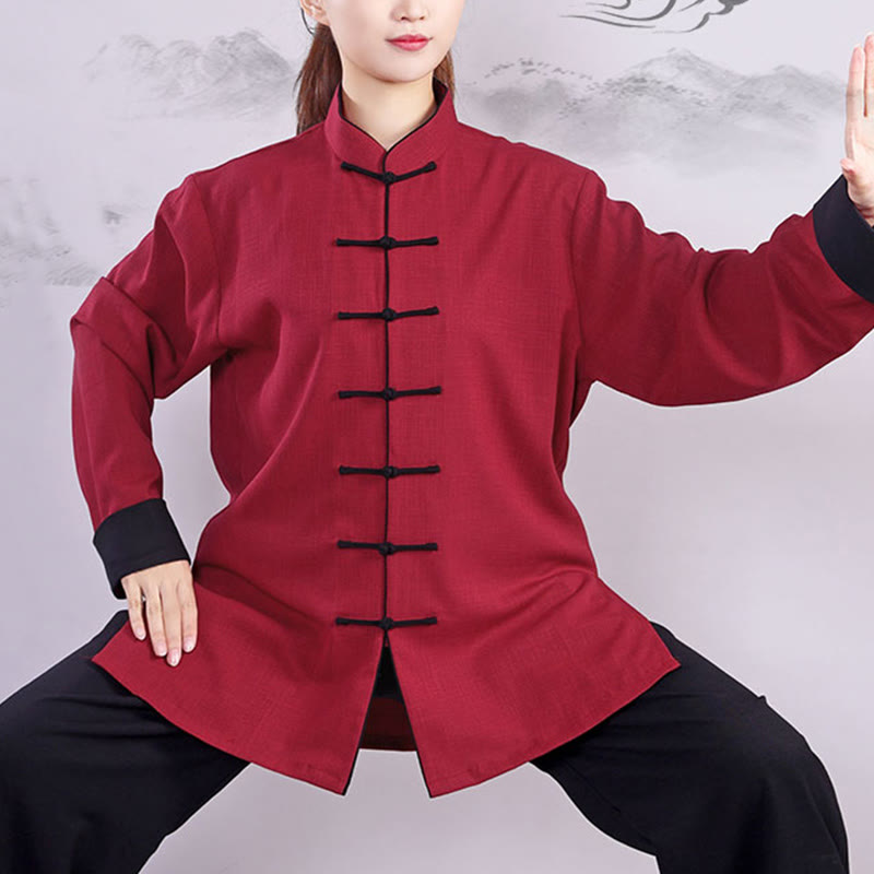2Pcs Fall Winter Frog-Button Tai Chi Meditation Qigong Zen Practice Unisex Cotton Linen Clothing Set