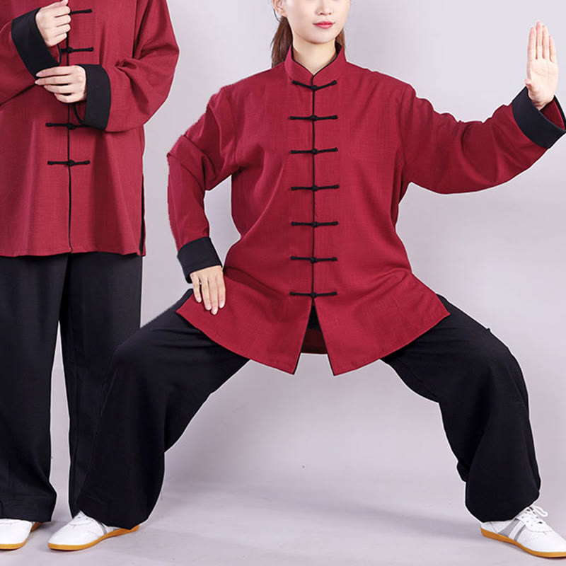 2Pcs Fall Winter Frog-Button Tai Chi Meditation Qigong Zen Practice Unisex Cotton Linen Clothing Set