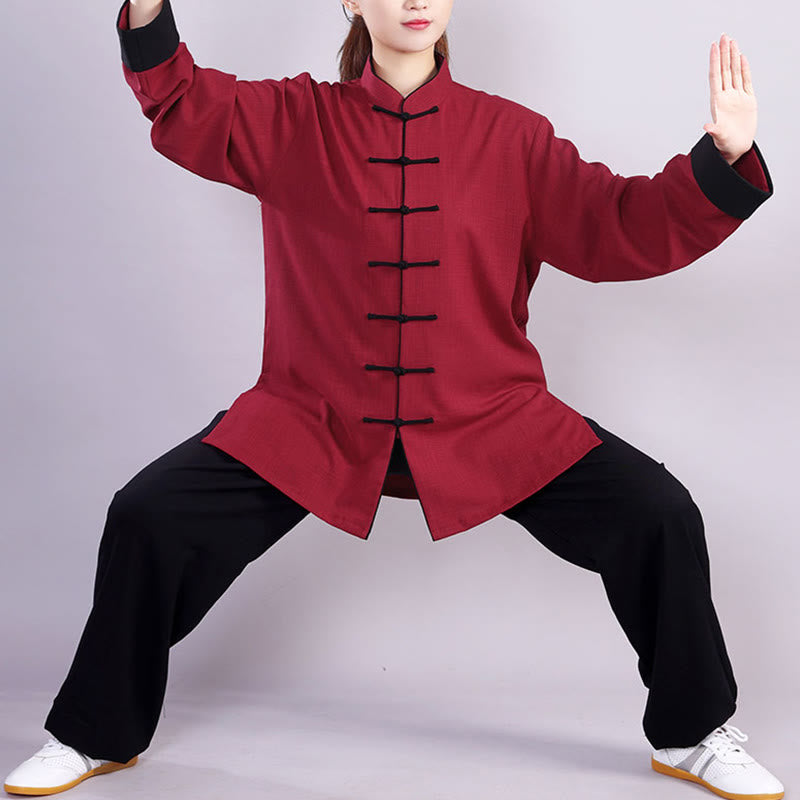 2Pcs Fall Winter Frog-Button Tai Chi Meditation Qigong Zen Practice Unisex Cotton Linen Clothing Set