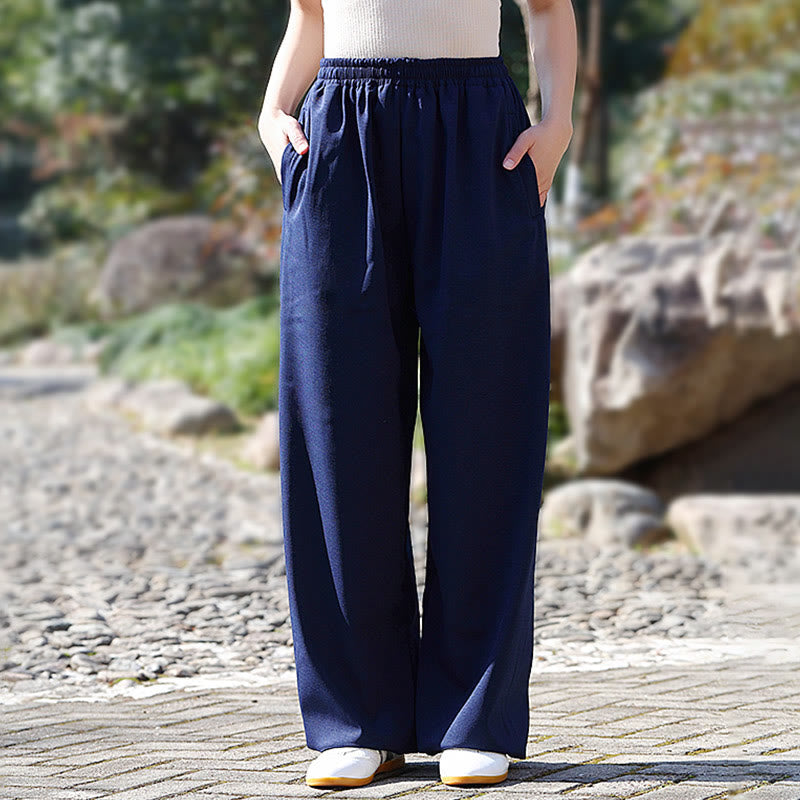 Fall Winter Unisex Elastic Waist Tai Chi Qigong Practice Cotton Linen Fleece Lined Pants With Pockets