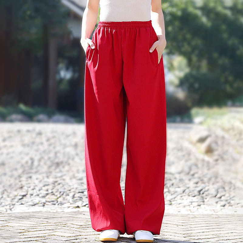 Fall Winter Unisex Elastic Waist Tai Chi Qigong Practice Cotton Linen Fleece Lined Pants With Pockets