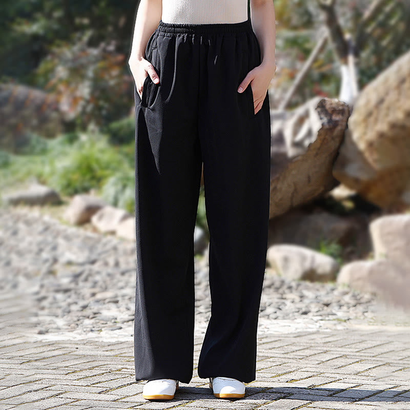Fall Winter Unisex Elastic Waist Tai Chi Qigong Practice Cotton Linen Fleece Lined Pants With Pockets