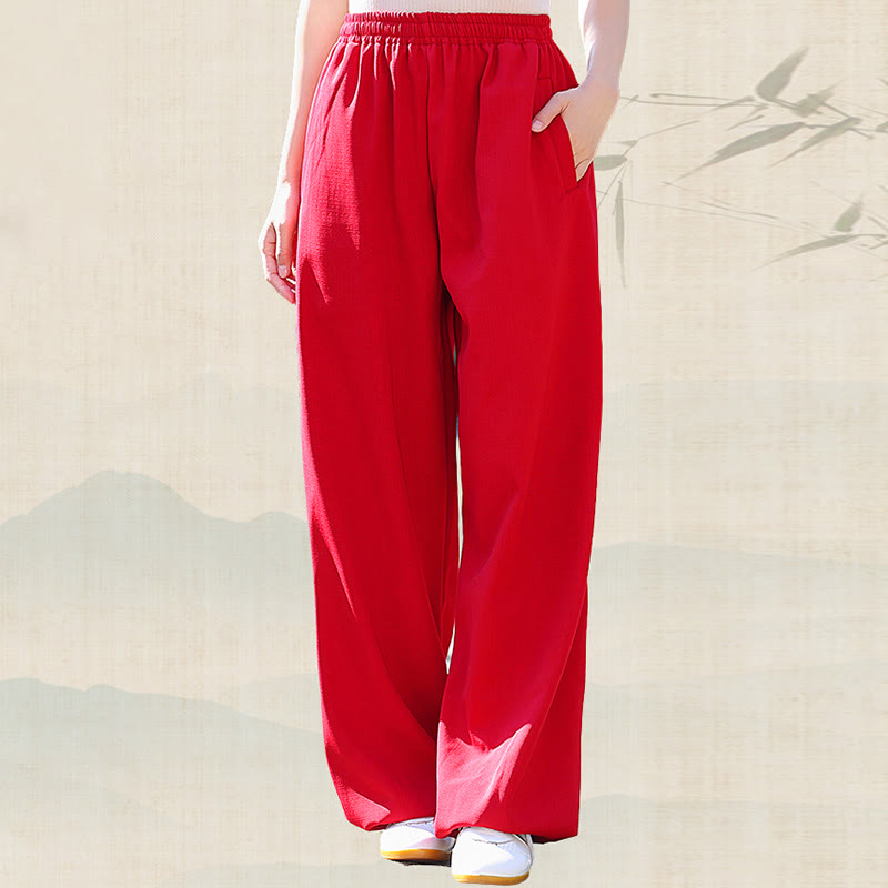 Fall Winter Unisex Elastic Waist Tai Chi Qigong Practice Cotton Linen Fleece Lined Pants With Pockets