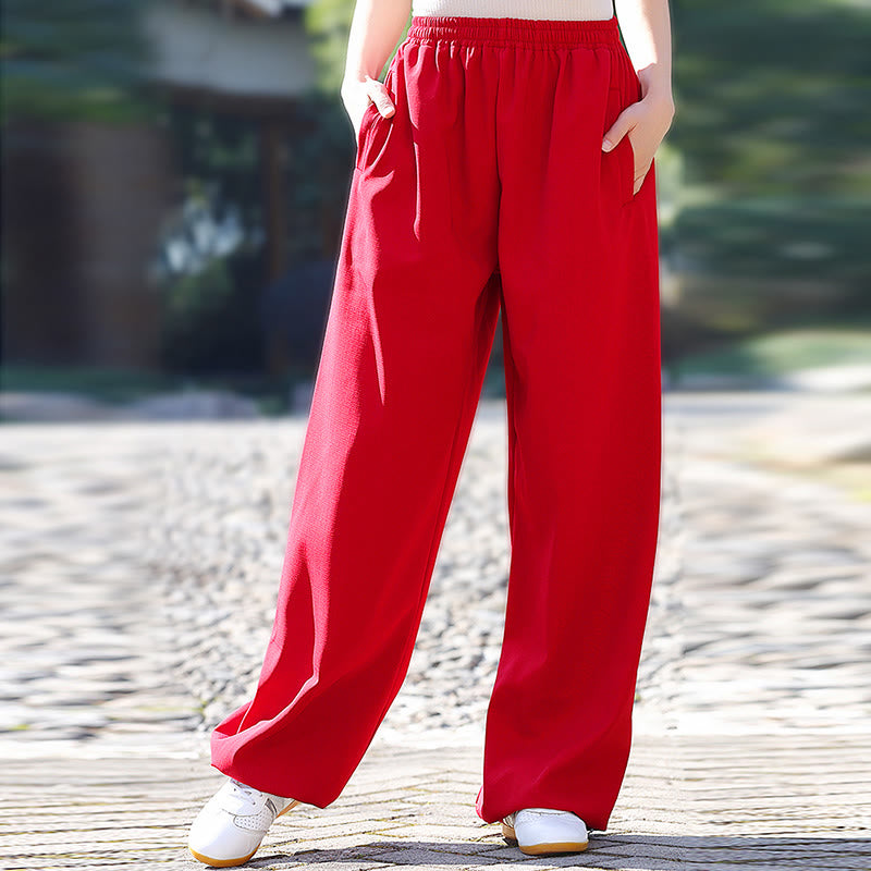 Fall Winter Unisex Elastic Waist Tai Chi Qigong Practice Cotton Linen Fleece Lined Pants With Pockets