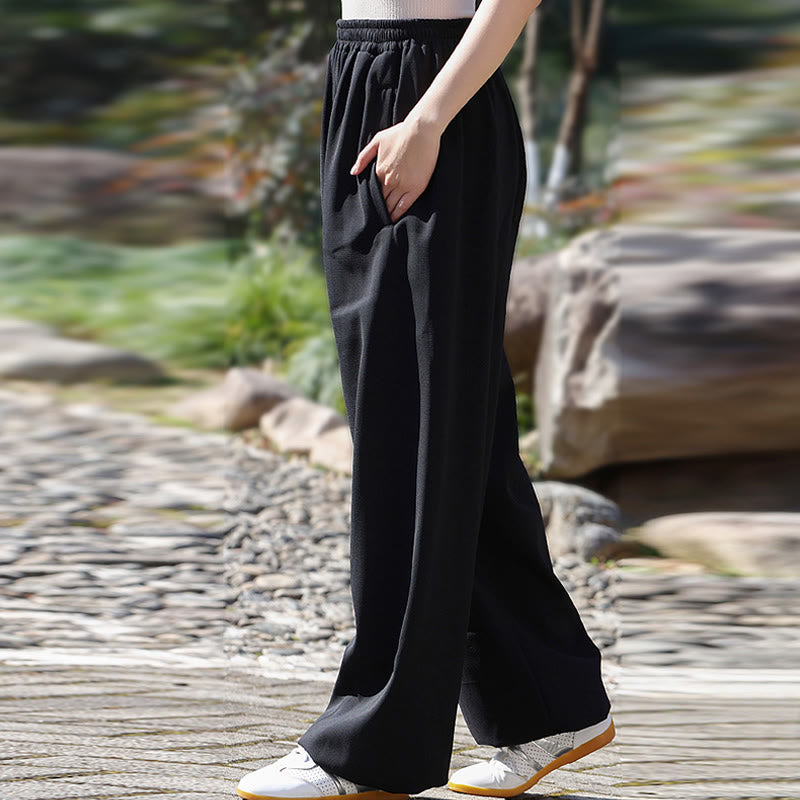 Fall Winter Unisex Elastic Waist Tai Chi Qigong Practice Cotton Linen Fleece Lined Pants With Pockets