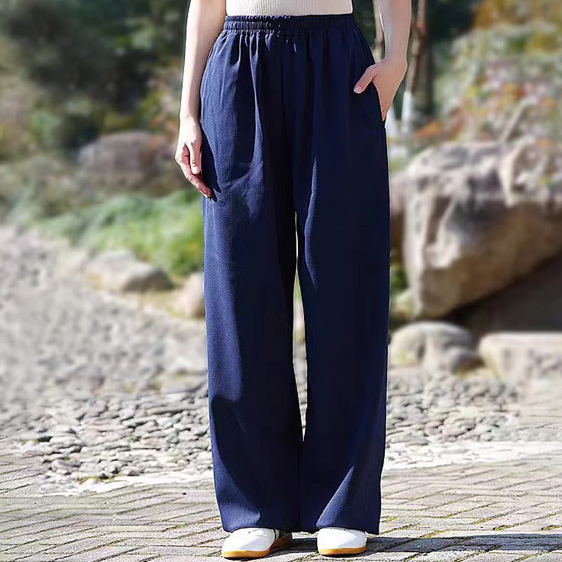 Fall Winter Unisex Elastic Waist Tai Chi Qigong Practice Cotton Linen Fleece Lined Pants With Pockets