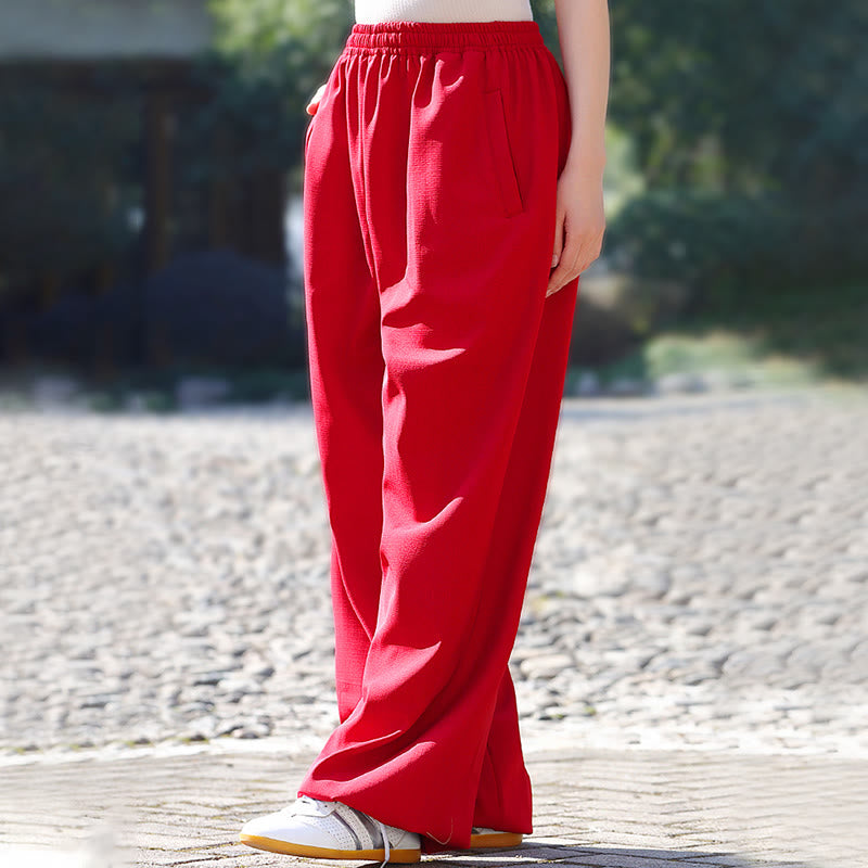 Fall Winter Unisex Elastic Waist Tai Chi Qigong Practice Cotton Linen Fleece Lined Pants With Pockets