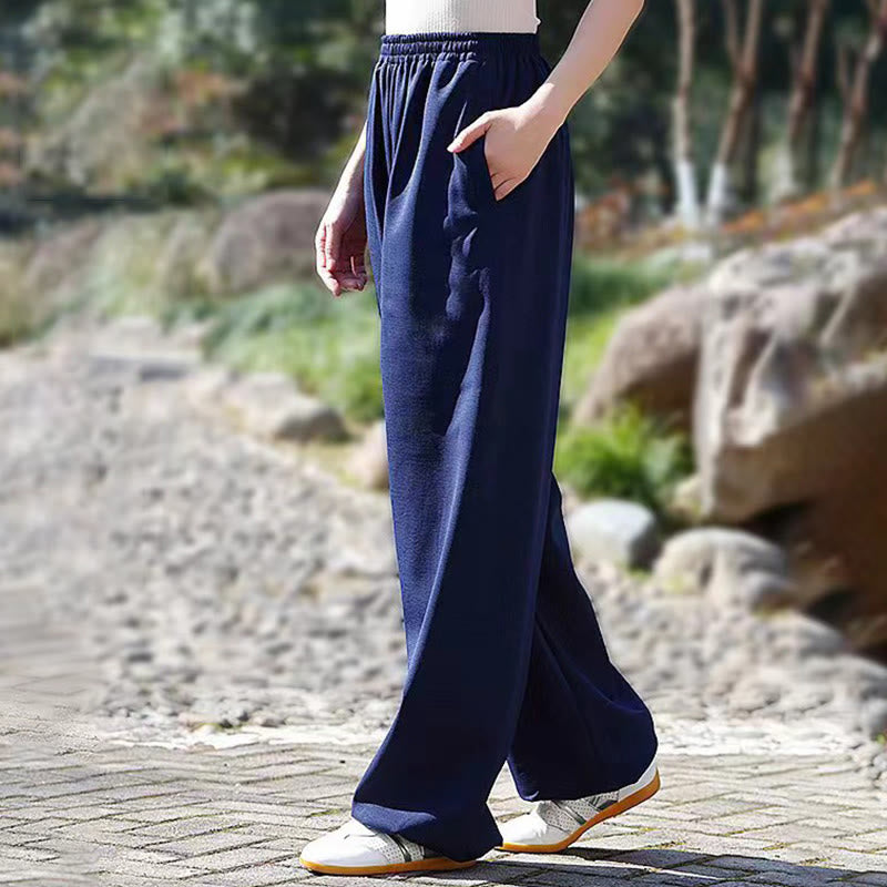 Fall Winter Unisex Elastic Waist Tai Chi Qigong Practice Cotton Linen Fleece Lined Pants With Pockets