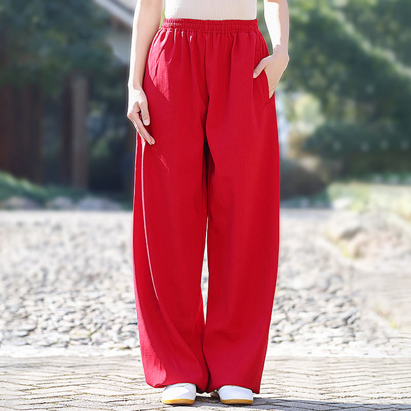 Fall Winter Unisex Elastic Waist Tai Chi Qigong Practice Cotton Linen Fleece Lined Pants With Pockets