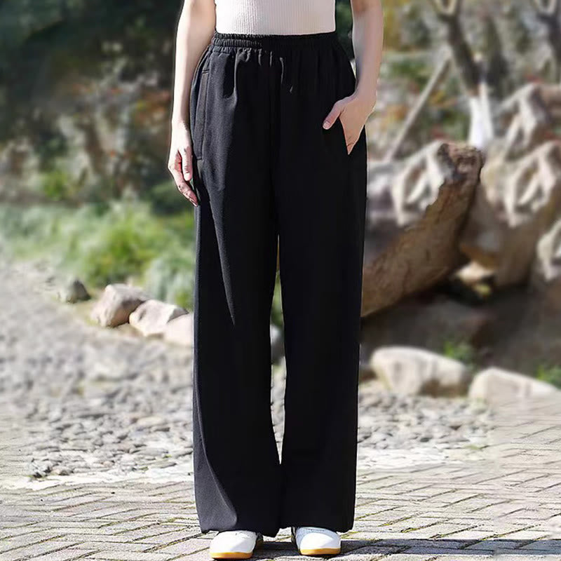 Fall Winter Unisex Elastic Waist Tai Chi Qigong Practice Cotton Linen Fleece Lined Pants With Pockets