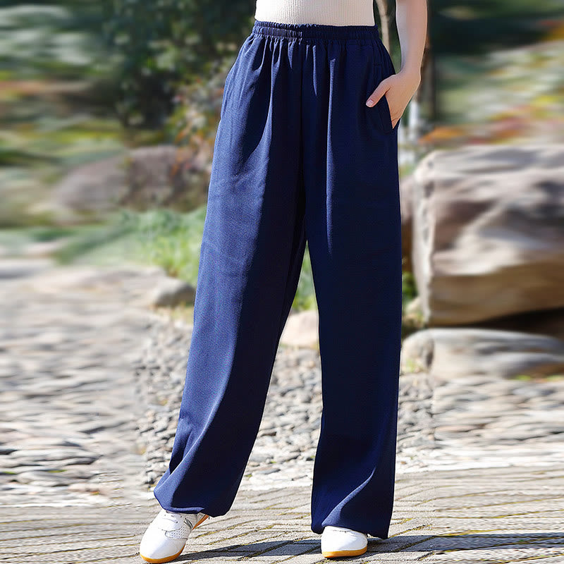 Fall Winter Unisex Elastic Waist Tai Chi Qigong Practice Cotton Linen Fleece Lined Pants With Pockets