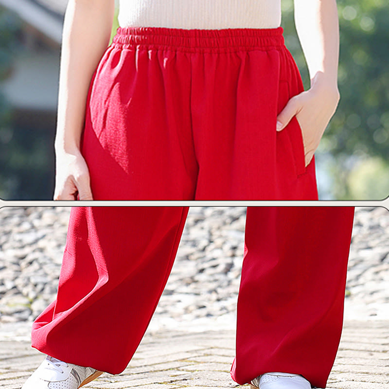 Fall Winter Unisex Elastic Waist Tai Chi Qigong Practice Cotton Linen Fleece Lined Pants With Pockets