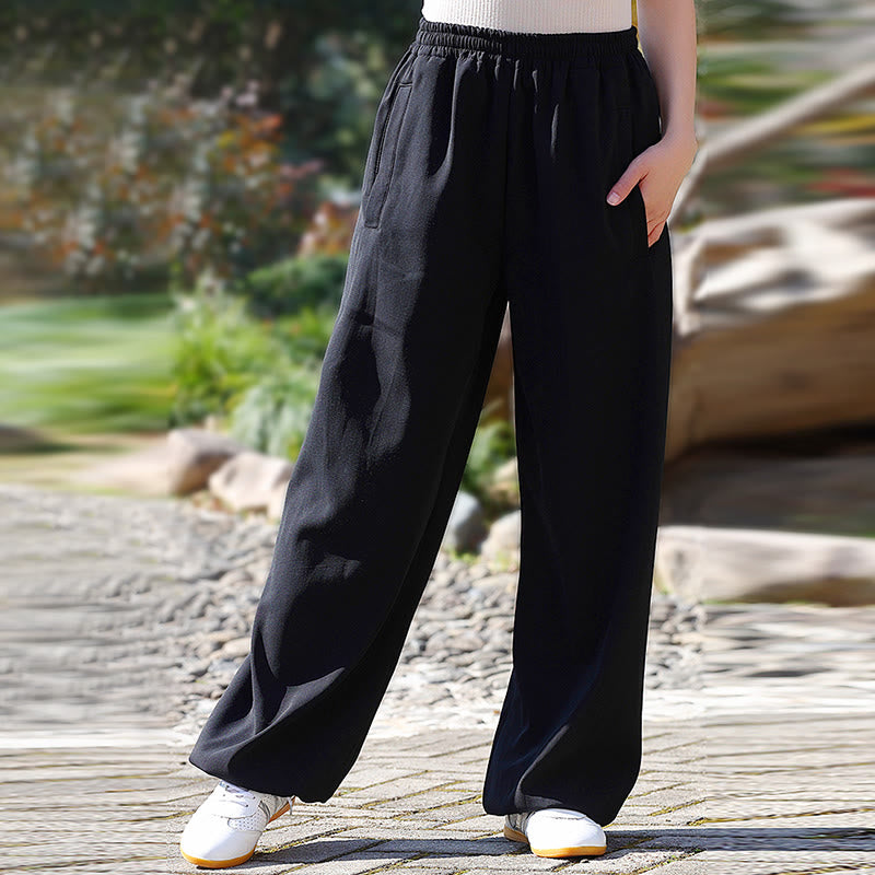 Fall Winter Unisex Elastic Waist Tai Chi Qigong Practice Cotton Linen Fleece Lined Pants With Pockets